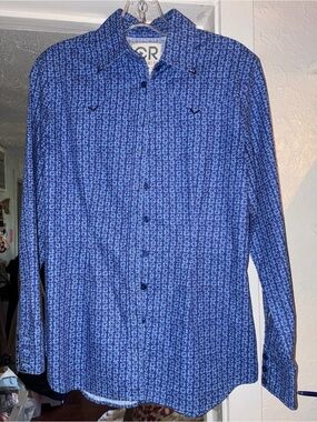 CR Women’s Blue Printed Button-Down Shirt With Stones